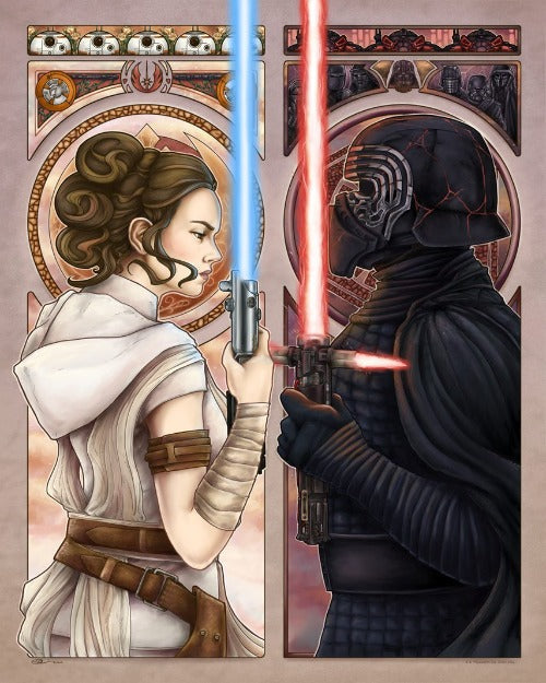 An art nouveau style art print inspired by Star Wars featuring Rey and Kylo Ren.