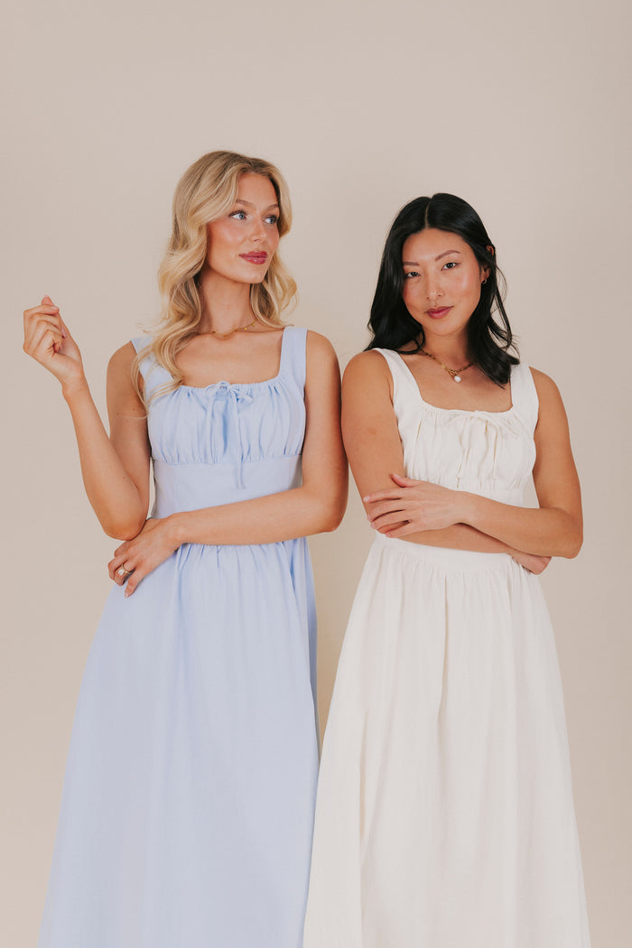 blue and ivory ruched bust midi dress models