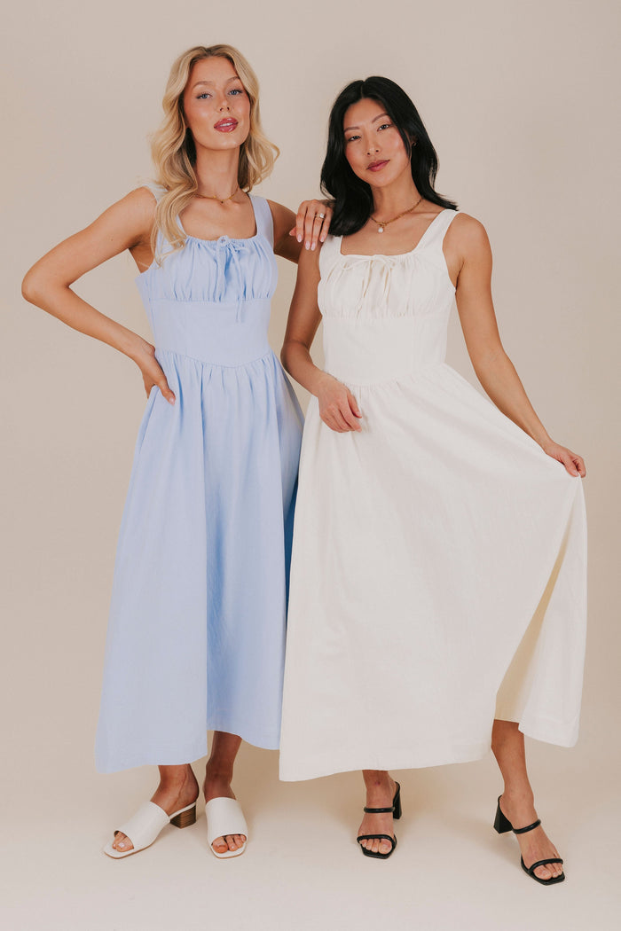 blue and ivory ruched bust midi dress full models