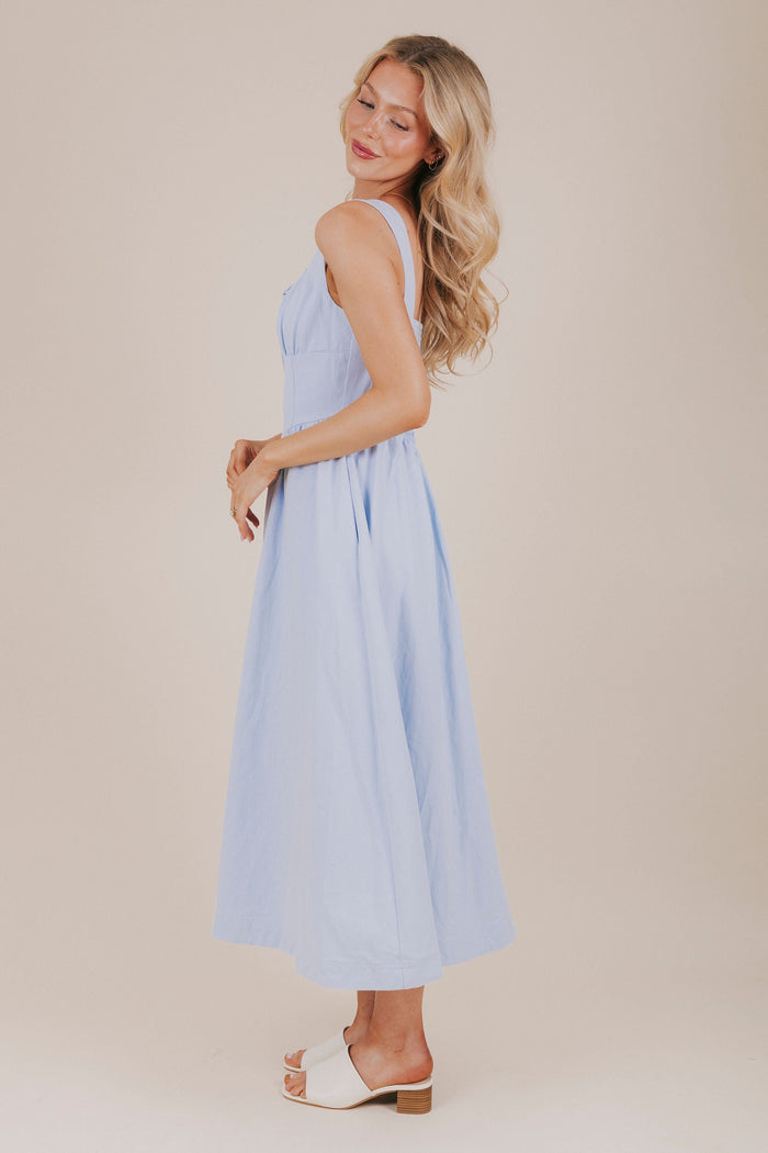 blue ruched bust midi dress side