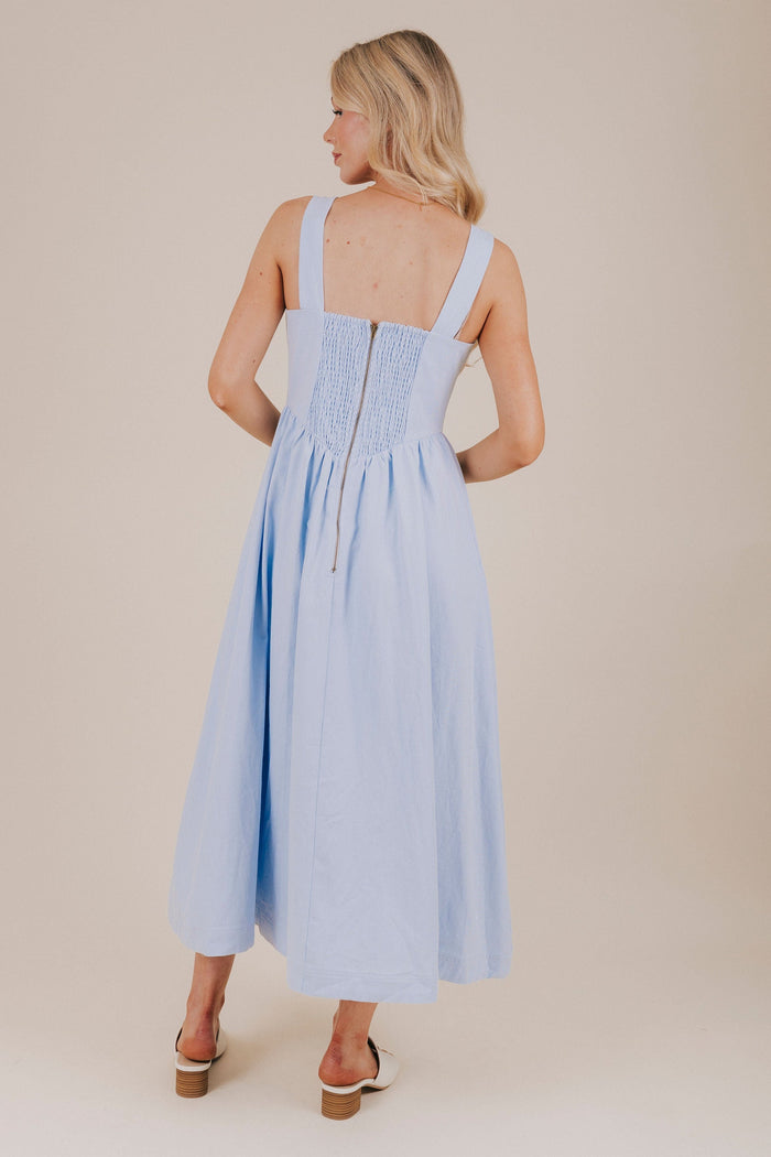 blue ruched bust midi dress back
