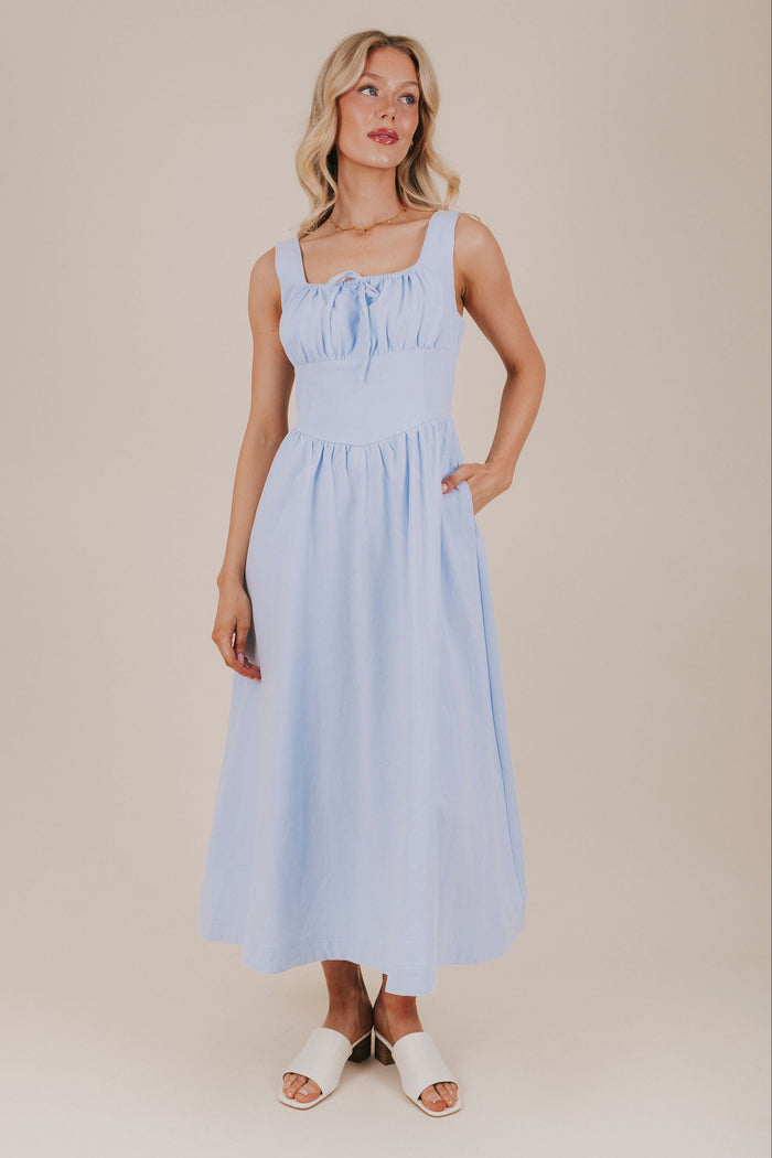 blue ruched bust midi dress front