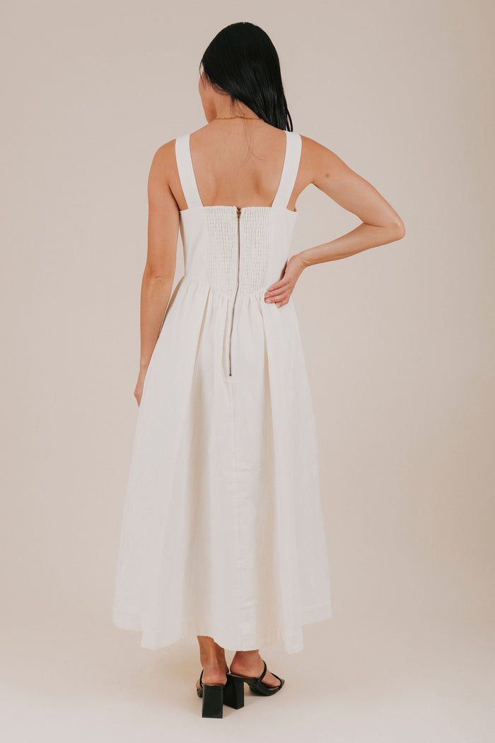 ivory ruched bust midi dress back