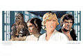 A landscape-orientated art print featuring characters from the Star Wars movie 'A New Hope', including Luke Skywalker, Leia, Han Solo, and Chewbacca.