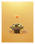 An art print with a bright yellow background and an Illustration of Grogu from Star Wars: The Mandalorian with a heart above his head which he is reaching up for with both arms.