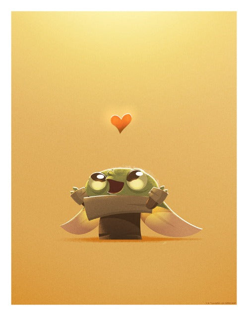 An art print with a bright yellow background and an Illustration of Grogu from Star Wars: The Mandalorian with a heart above his head which he is reaching up for with both arms.