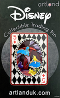 Rectangular playing card style pin with a detailed depiction of Alice meeting the caterpillar from Alice in Wonderland in the middle.