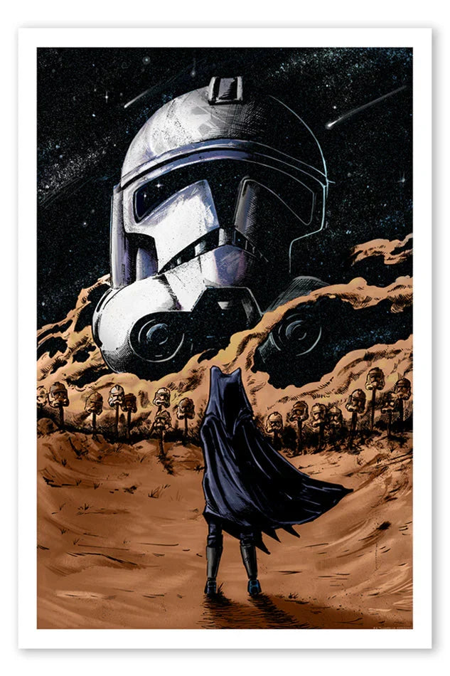 A print featuring a large Stormtrooper helmet from Star Wars against the backdrop of a starry night sky and below a desert landscape with trooper helmets on sticks, with Ahsoka in the foreground with her back turned to the viewer.