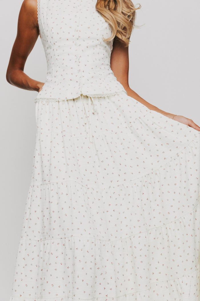 off white maxi skirt with floral pattern