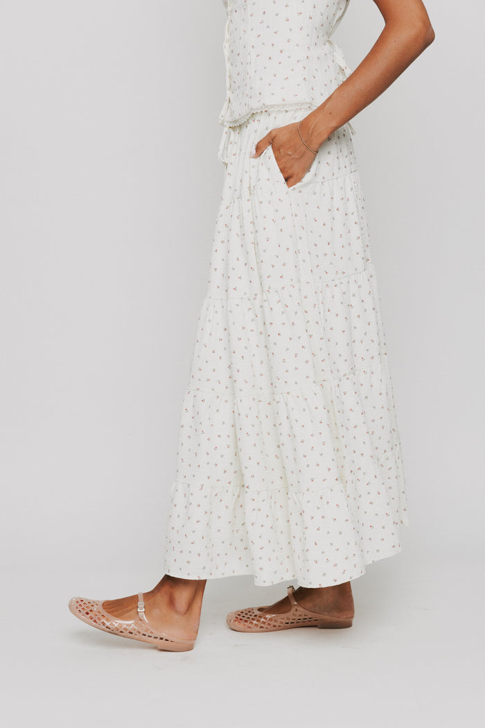 off white maxi skirt with floral pattern side