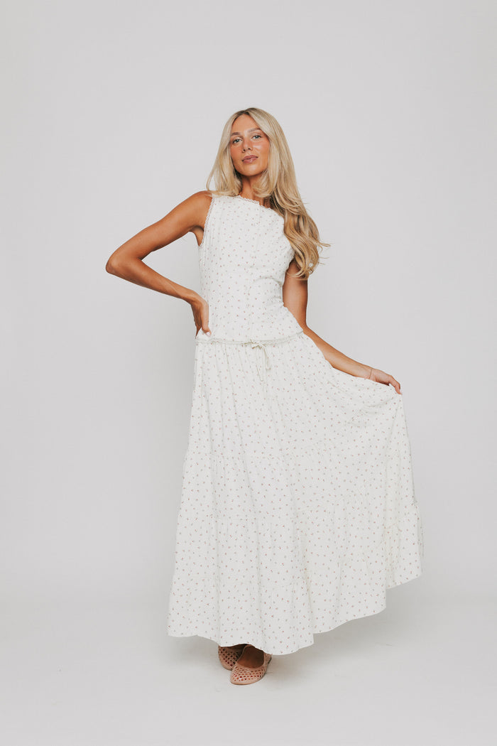 off white maxi skirt with floral pattern full set