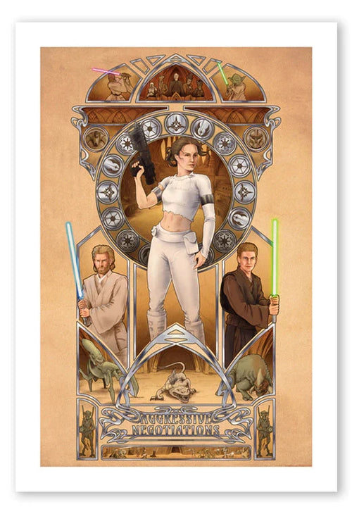A neo nouveau style art print featuring Padme Amidala in the centre, Obi-Wan Kenobi on the left, and Anakin Skywalker on the right.