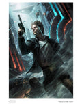 An art print featuring Han Solo with a gun in a city setting with the Millenium Falcon and Chewbacca in the mid-ground.