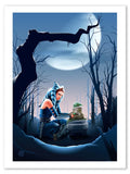 An art print featuring Star Wars characters Ahsoka Tano and Grogu, seated beside a dead tree with a hazy moon in the background.