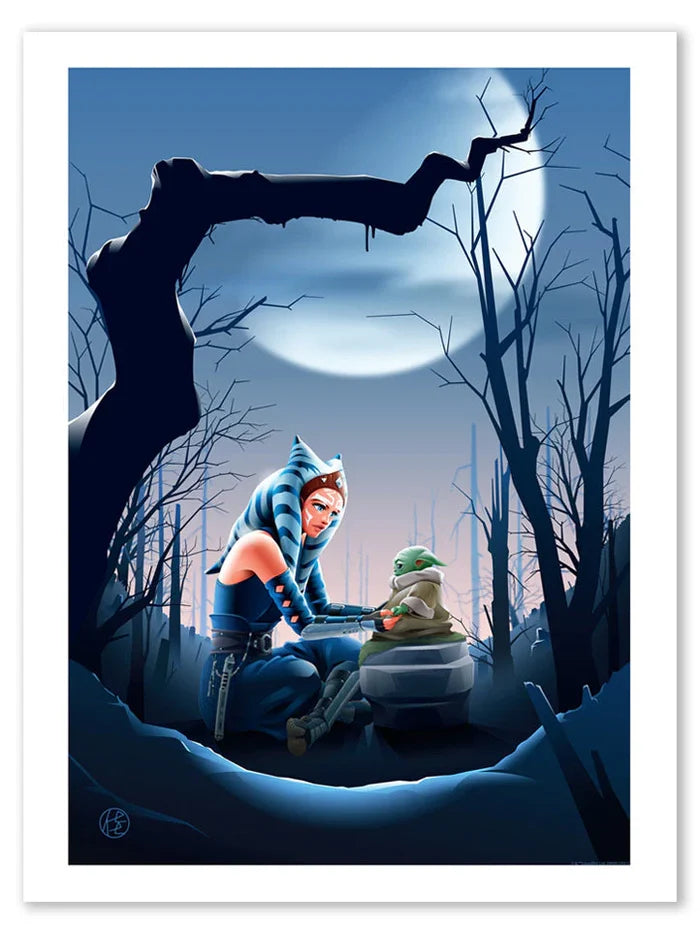 An art print featuring Star Wars characters Ahsoka Tano and Grogu, seated beside a dead tree with a hazy moon in the background.