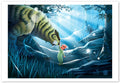 An art print of Ahsoka Tano as a small child in a blue toned woodland, touching the nose of a Raxshir, which looks somewhat like a sabre-toothed tiger.
