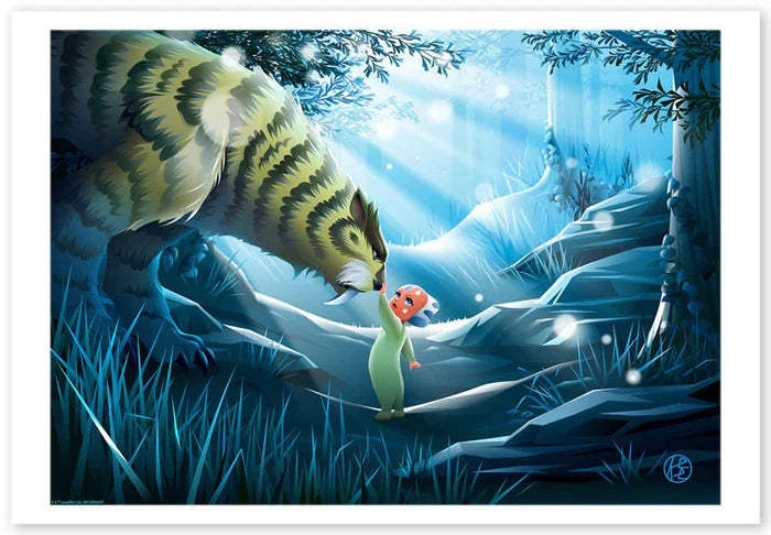 An art print of Ahsoka Tano as a small child in a blue toned woodland, touching the nose of a Raxshir, which looks somewhat like a sabre-toothed tiger.