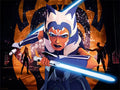 Artwork featuring the character Ahsoka Tano from Star Wars with two lightsabers in the foreground, and Ahsoka facing Darth Maul shadowed in the background.