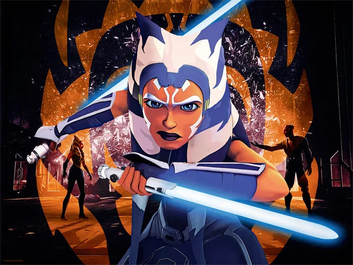 Artwork featuring the character Ahsoka Tano from Star Wars with two lightsabers in the foreground, and Ahsoka facing Darth Maul shadowed in the background.