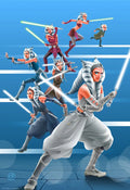 An art print featuring different versions of Ahsoka Tano along her Jedi journey, with a blue background and blue stone floor.