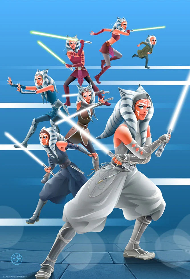An art print featuring different versions of Ahsoka Tano along her Jedi journey, with a blue background and blue stone floor.