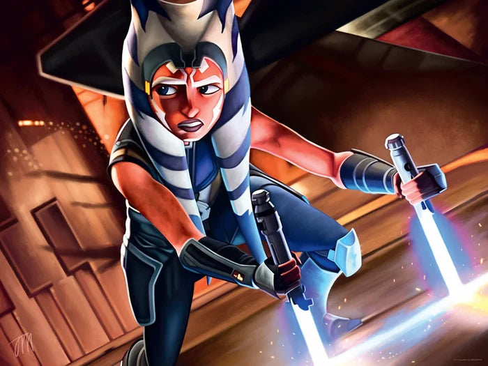A print of the character Ahsoka Tano from the Star Wars series, featuring her in a battle scene holding two blue lightsabers.
