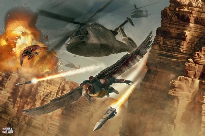 the falcon art piece flying through a canyon chased by helicopters and misiles.