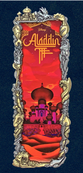 A pin badge featuring Aladdin Night theme with a two-tone frame, artist signature, and Disney branding.