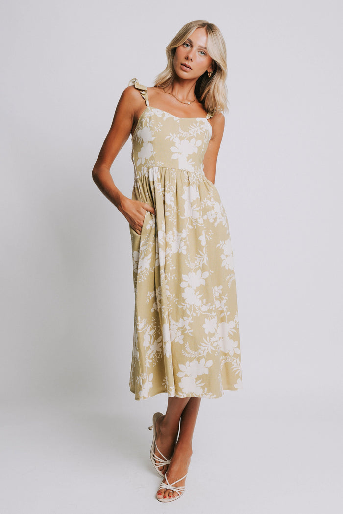 olive and white floral patterned midi dress