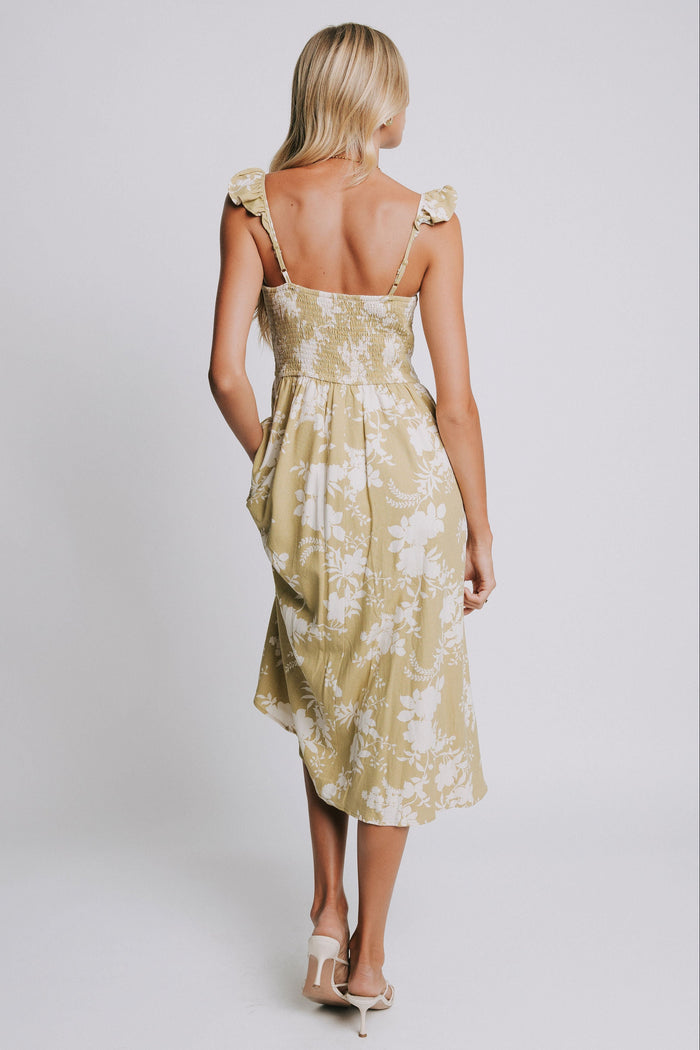 olive and white floral patterned midi dress back
