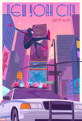 Illustration of Spider Man in New York City with a police car and cityscape in the background.