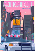 Art print of Spider Man in New York City with a police car and cityscape in the background.