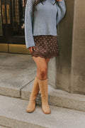 brown polka dot mini skirt with lace trim lifestyle