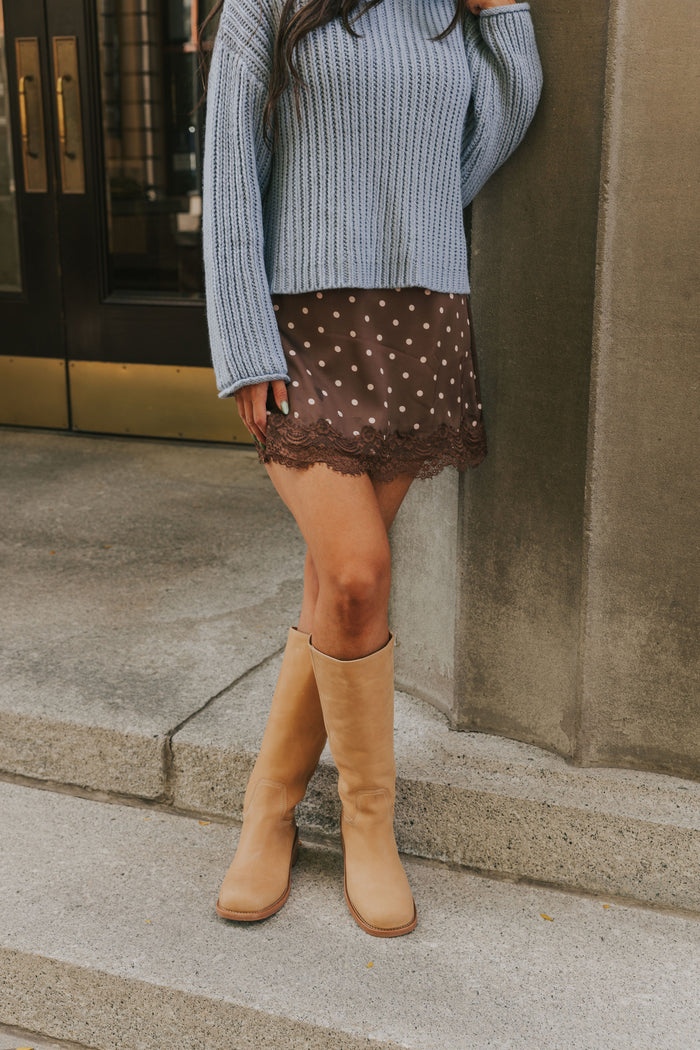brown polka dot mini skirt with lace trim lifestyle
