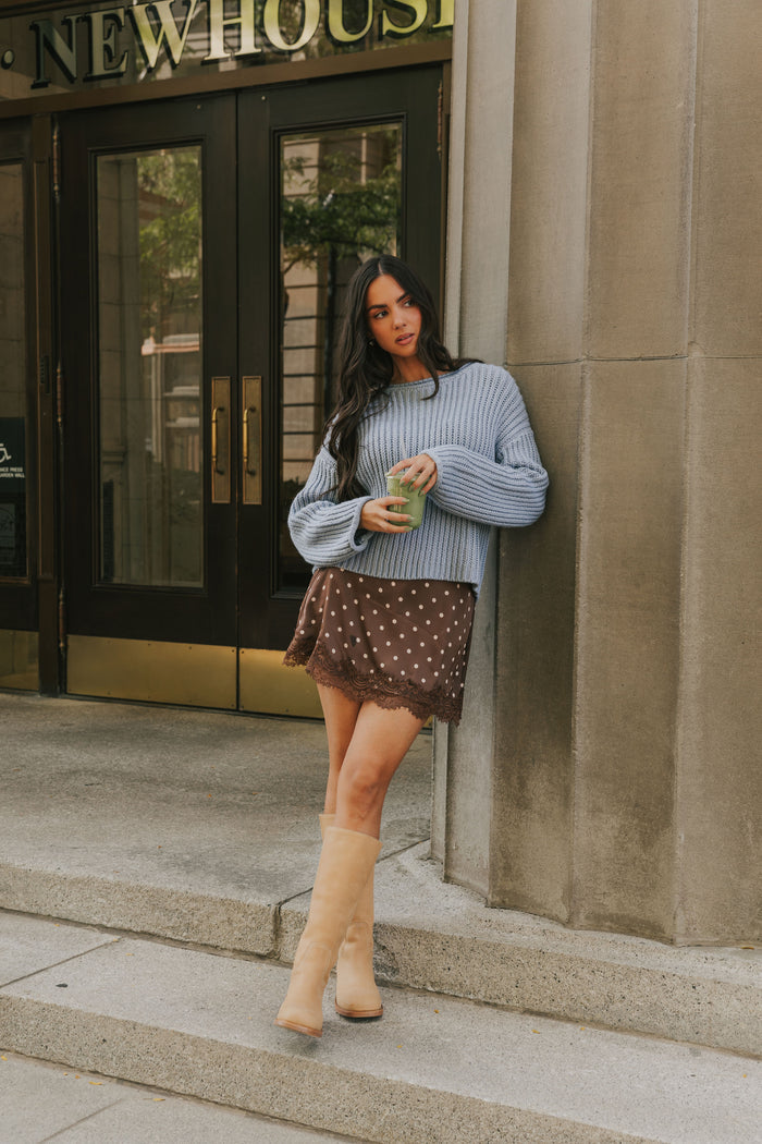 brown polka dot mini skirt with lace trim lifestyle