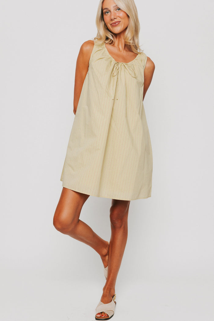 olive striped mini dress with tie at the neckline