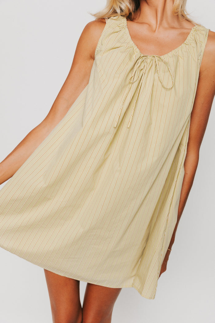 olive striped mini dress with tie at the neckline front