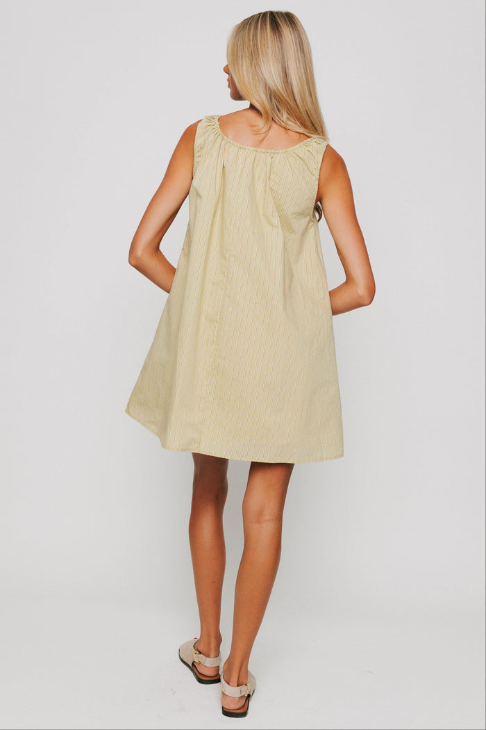 olive striped mini dress with tie at the neckline back