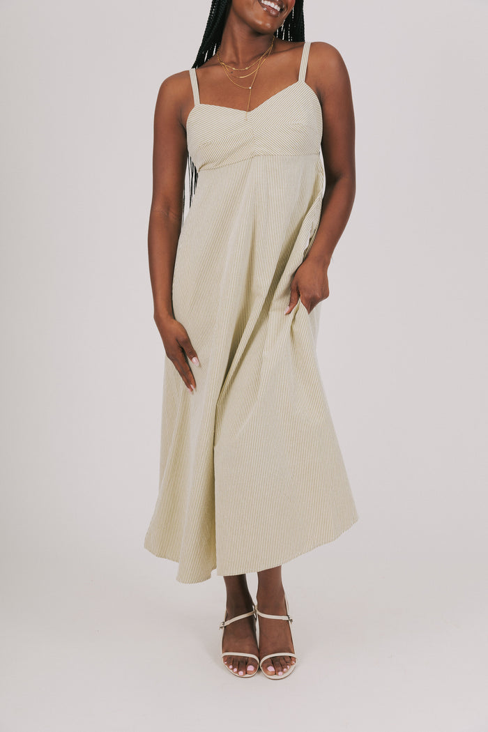 green and white striped midi dress full