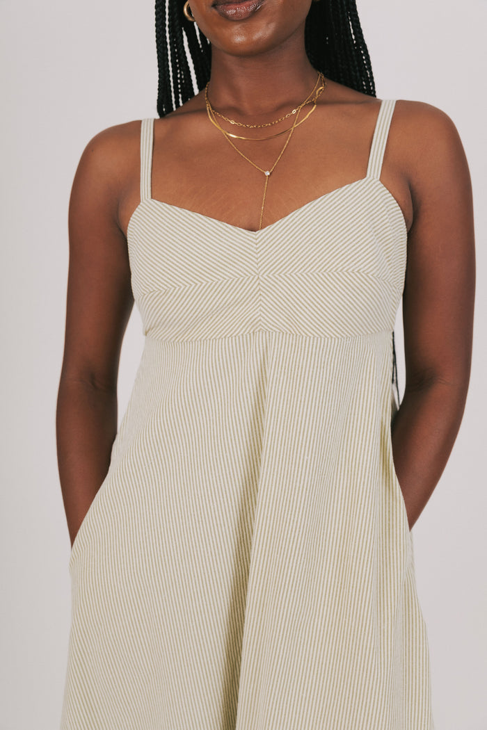 green and white striped midi dress close