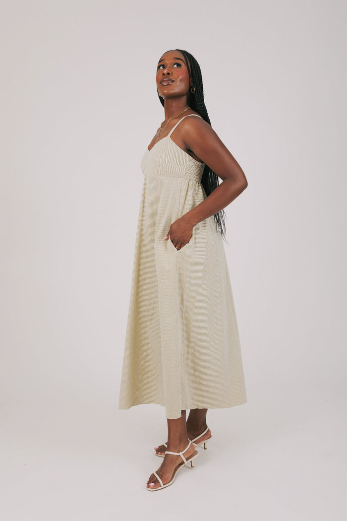 green and white striped midi dress side