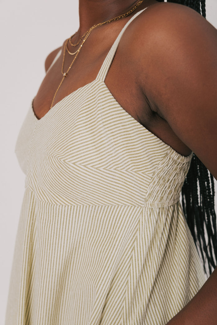 green and white striped midi dress bust