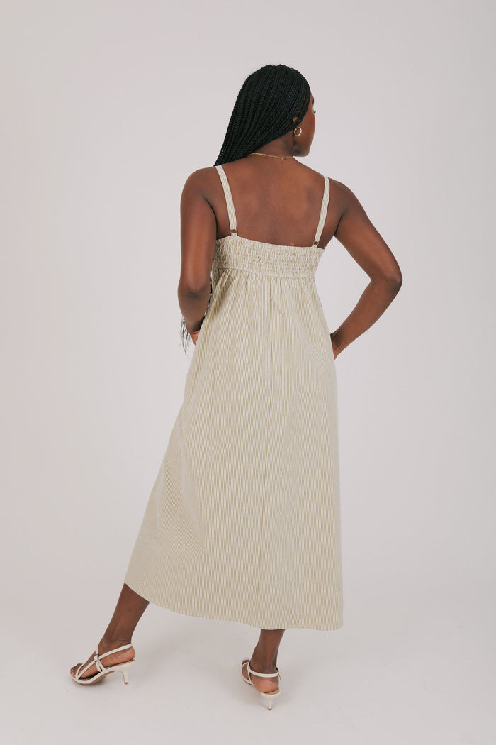 green and white striped midi dress back