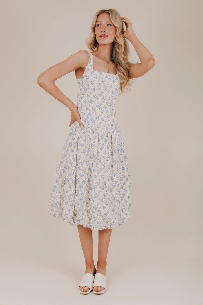 blue floral bubble hem midi dress full