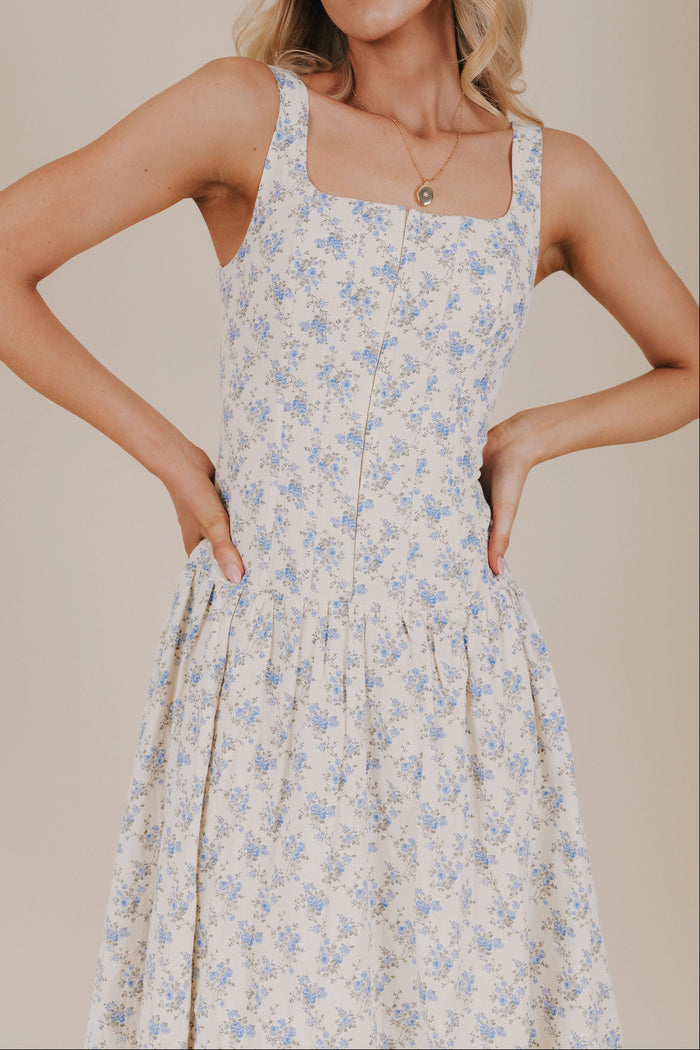 blue floral bubble hem midi dress detail