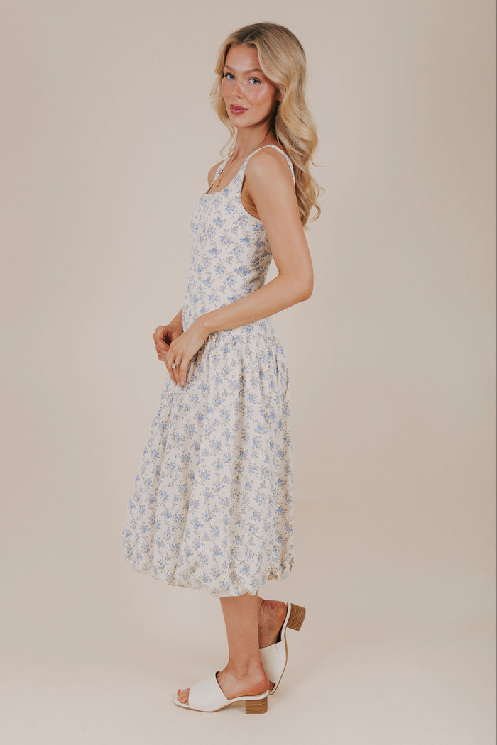 blue floral bubble hem midi dress side