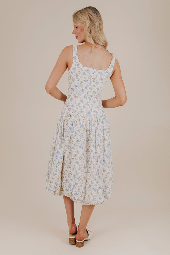 blue floral bubble hem midi dress back