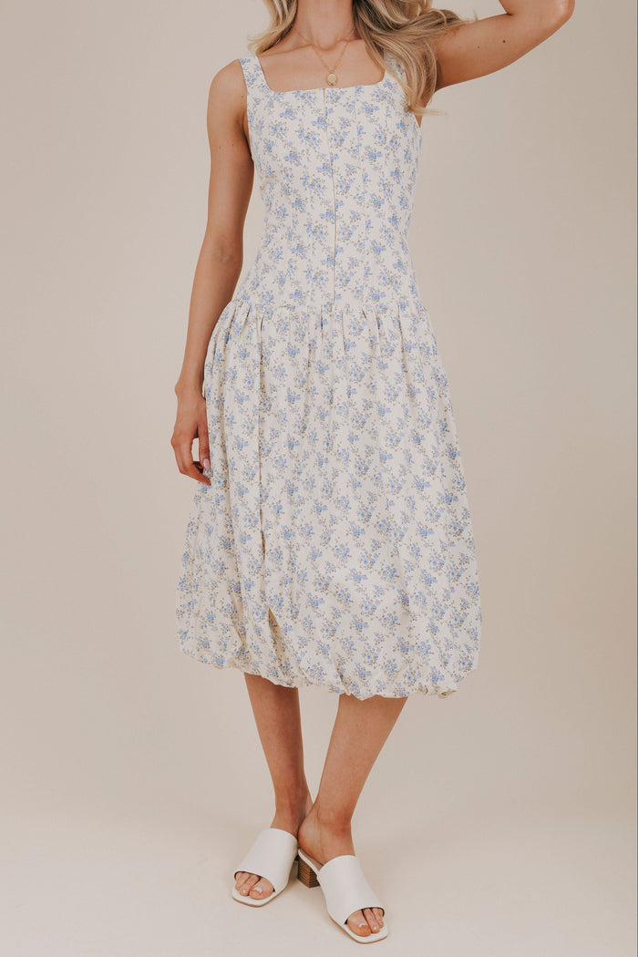 blue floral bubble hem midi dress front