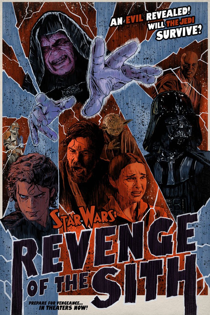 A Star Wars: Revenge of the Sith inspired art print featuring character portraits and a thematic depiction of the movie's tension.