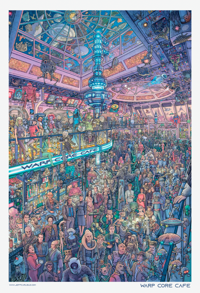 art piece featuring characters in the warp core cafe from the sci fi world including doctor who, c3po, jabba